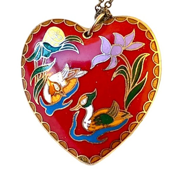 Vintage Cloisonne Large Heart Puffy Double Sided Enamel Pendant Necklace Red Blu - Picture 14 of 16